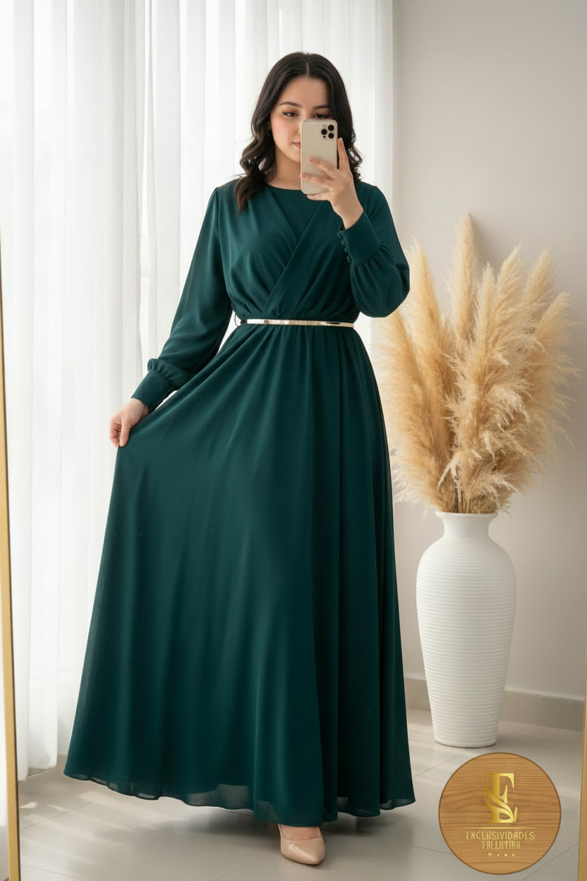 Vestido Verde Teal Chiffon Mangas Puff Cinturón Dorado cod.0092
