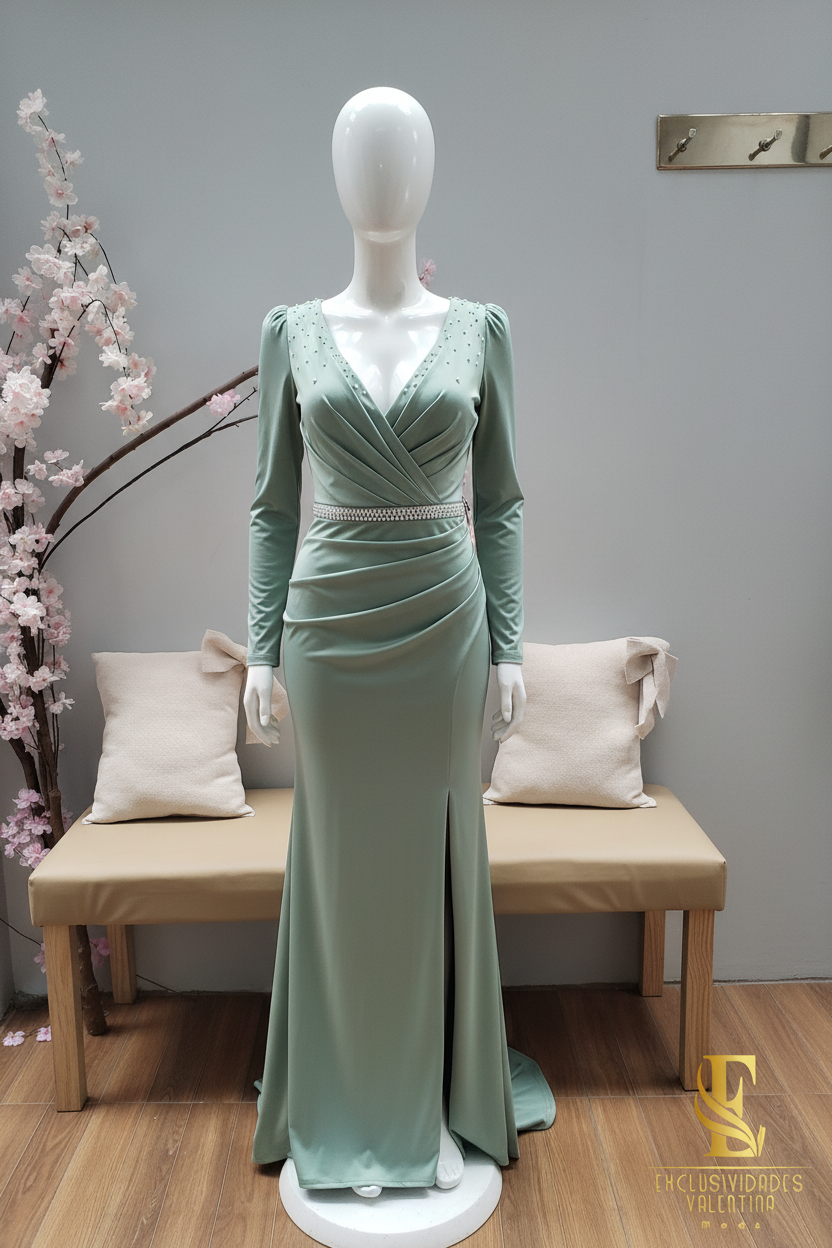 Vestido Verde Sage Manga Larga con Escote V y Cinturón de Pedrería cod.V281