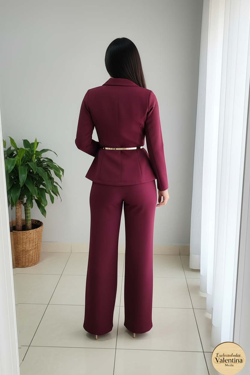 Conjunto 2 Piezas Vino Borgoña Blazer Peplum Asimétrico y Palazzo cod.00143