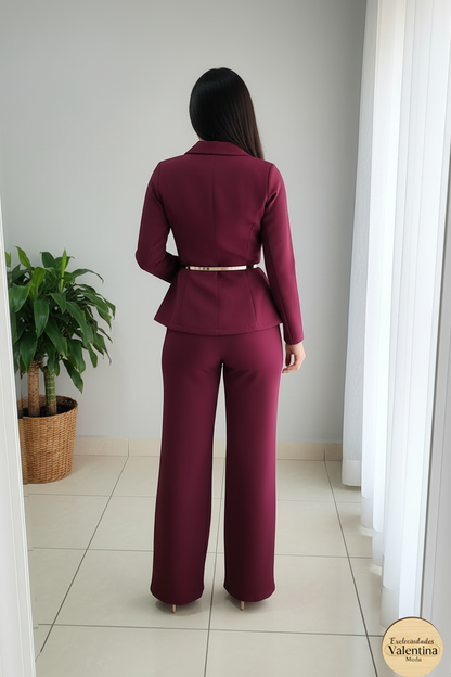 Conjunto 2 Piezas Vino Borgoña Blazer Peplum Asimétrico y Palazzo cod.00143