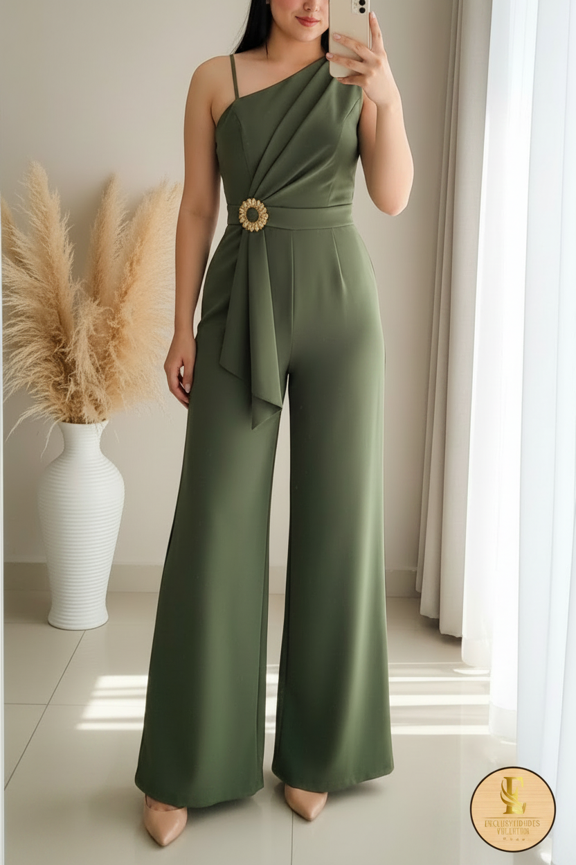 Enterizo Verde Olivo One-Shoulder Drapeado Broche Girasol Dorado Palazzo cod.00117