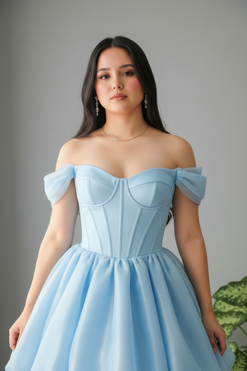 Vestido Azul Cielo Off-Shoulder Corsé con Falda Bubble Organza cod.977