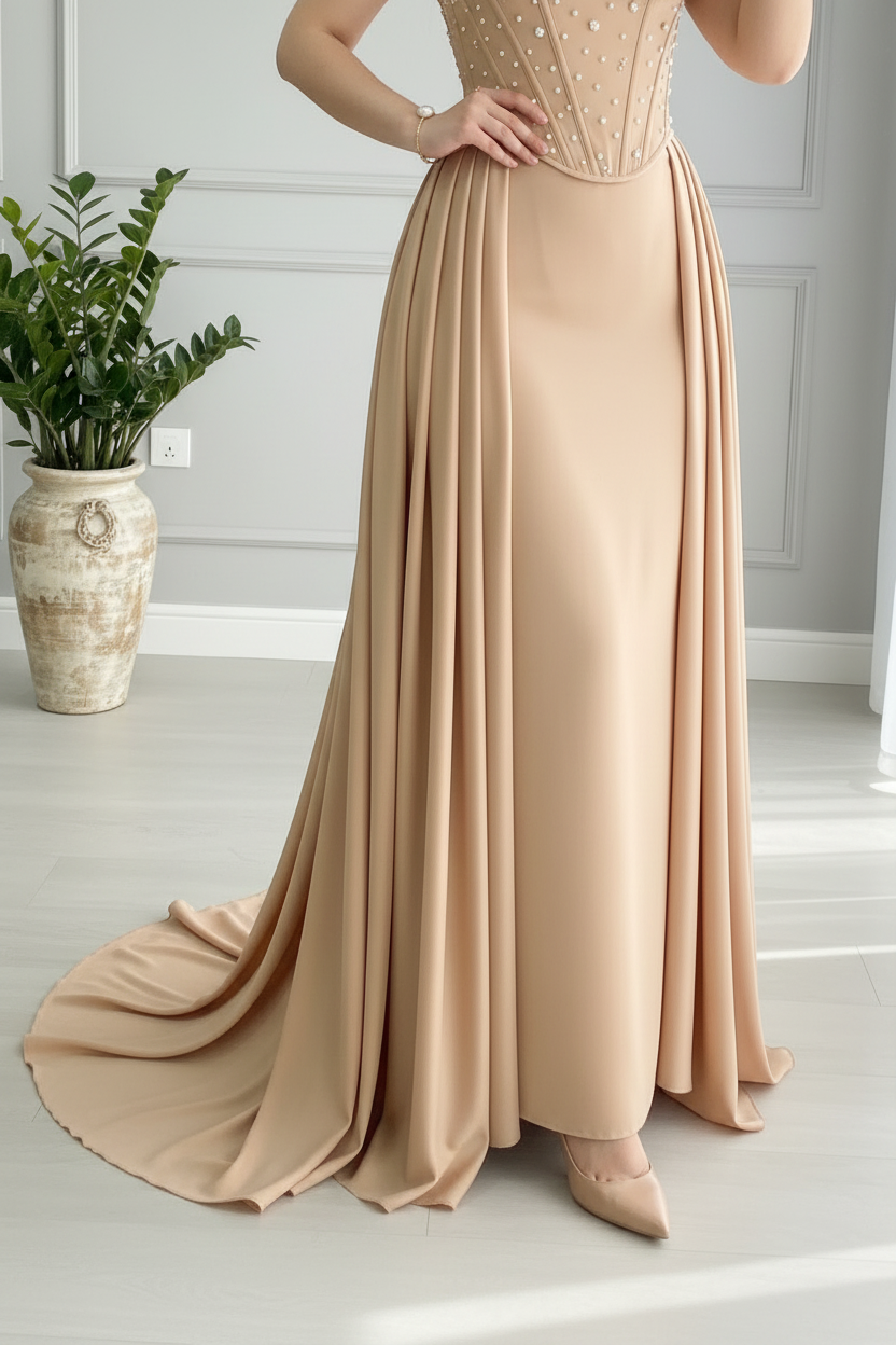 Vestido Nude Champagne Corset Illusion con Perlas, Rosa 3D y Falda Plisada a los lados cod.815