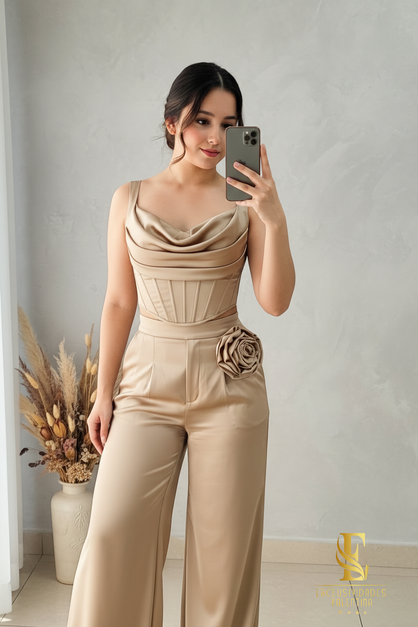 Conjunto Champagne | Top Corsé con Rosa 3D y Palazzo cod.C443