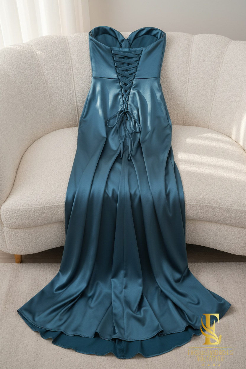 Vestido Satinado Azul Petróleo cod.00185