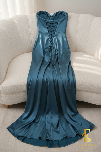 Vestido Satinado Azul Petróleo cod.00185