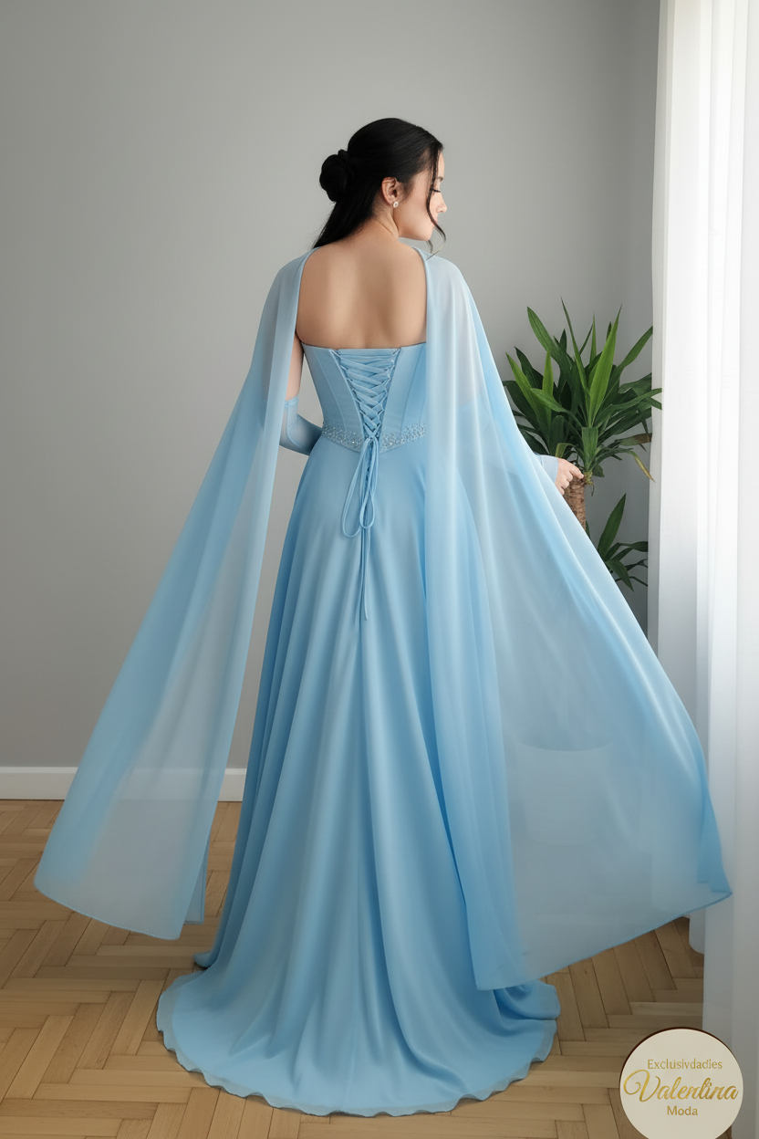 Vestido Gala Azul Cielo con Capa cod.00121