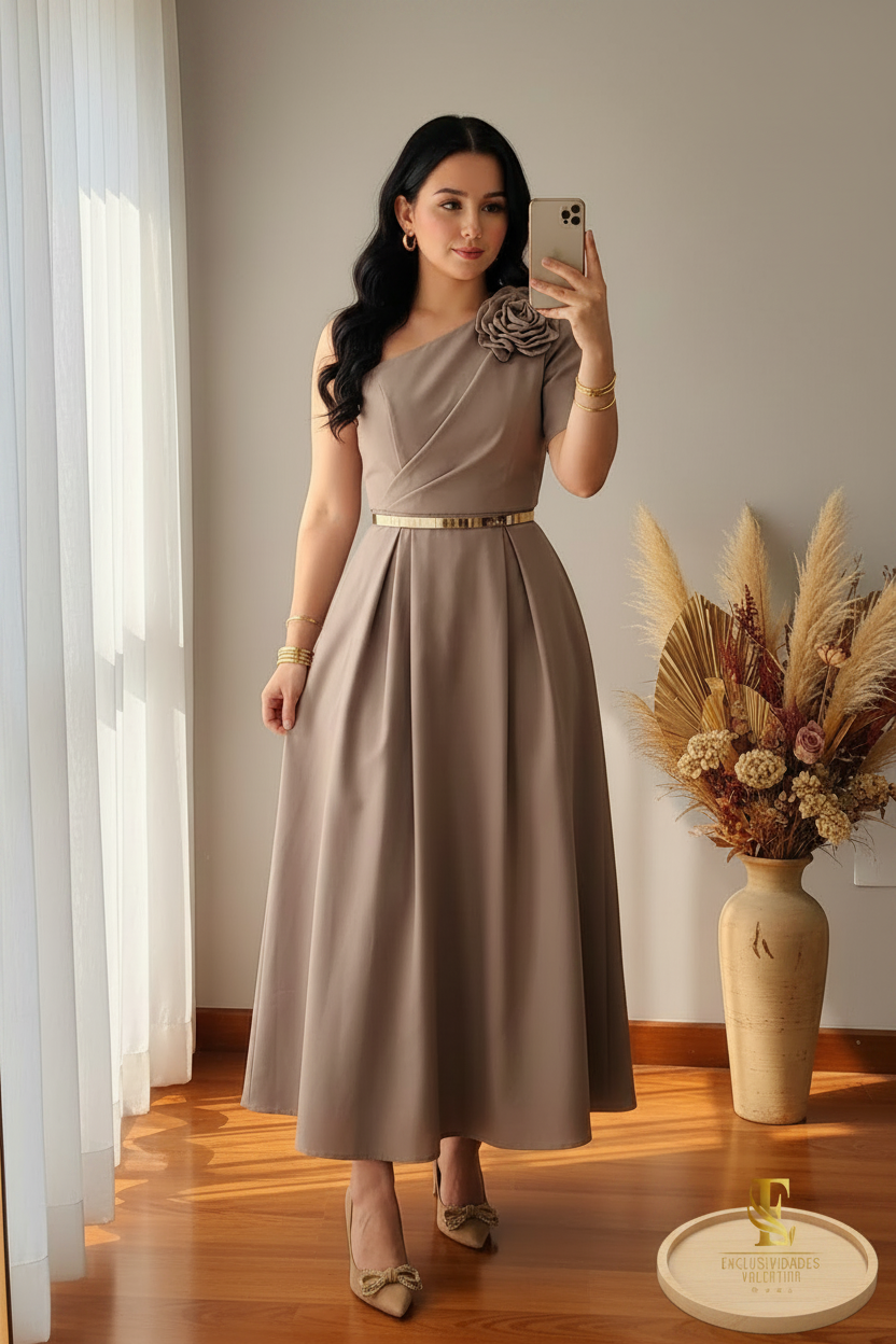 Vestido Taupe Asimétrico Rosa  3D cod.00163
