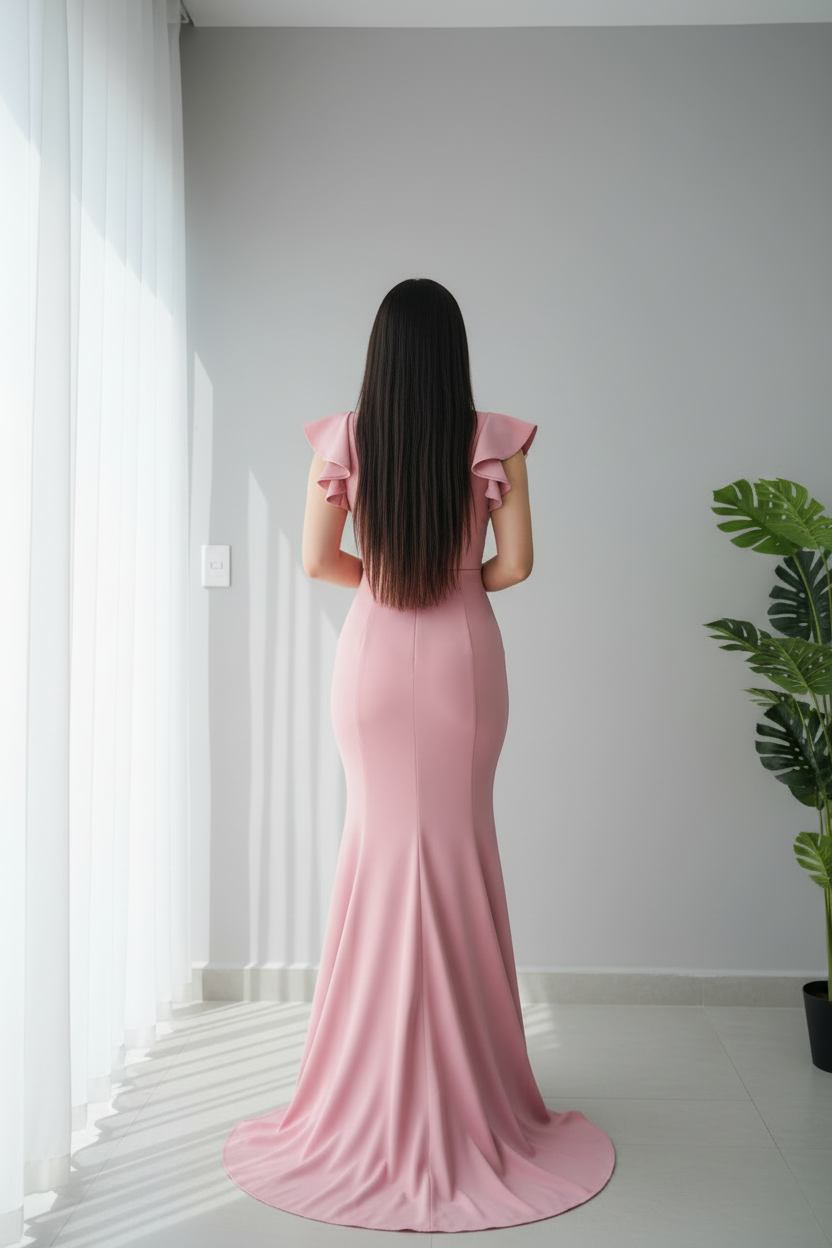 Vestido Pink Butterfly Sirena – Gown Rosa Mangas Mariposa Doble Capa con Cola cod.691