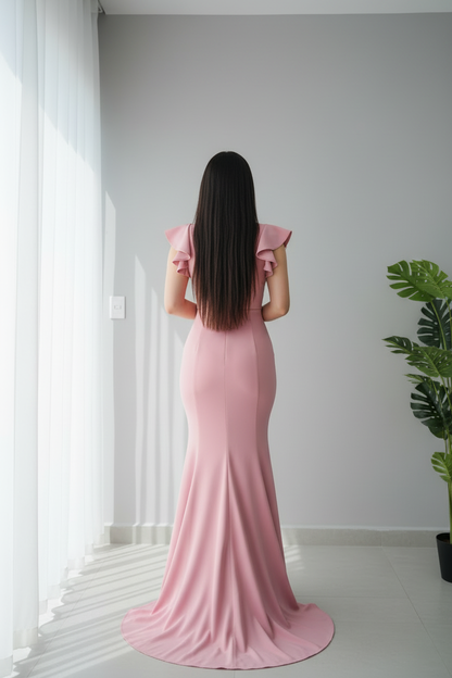 Vestido Pink Butterfly Sirena – Gown Rosa Mangas Mariposa Doble Capa con Cola cod.691