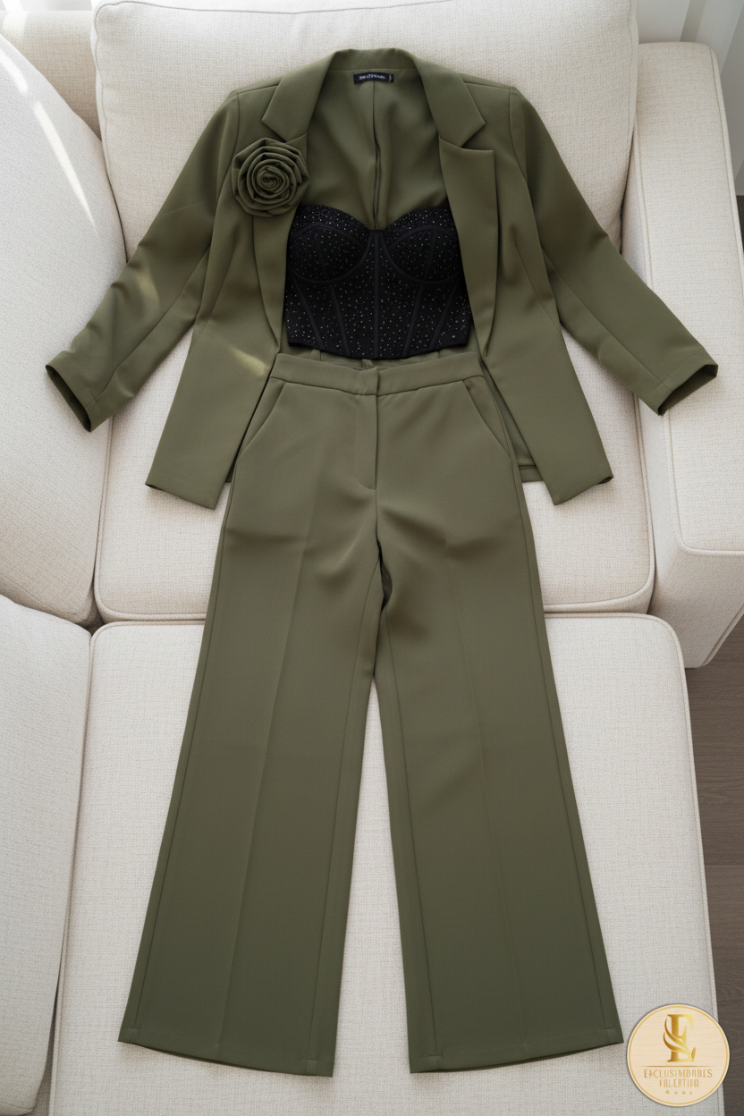 Conjunto 3 Piezas Verde Militar Blazer Rosa 3D Corset Negro y Palazzo cod.740
