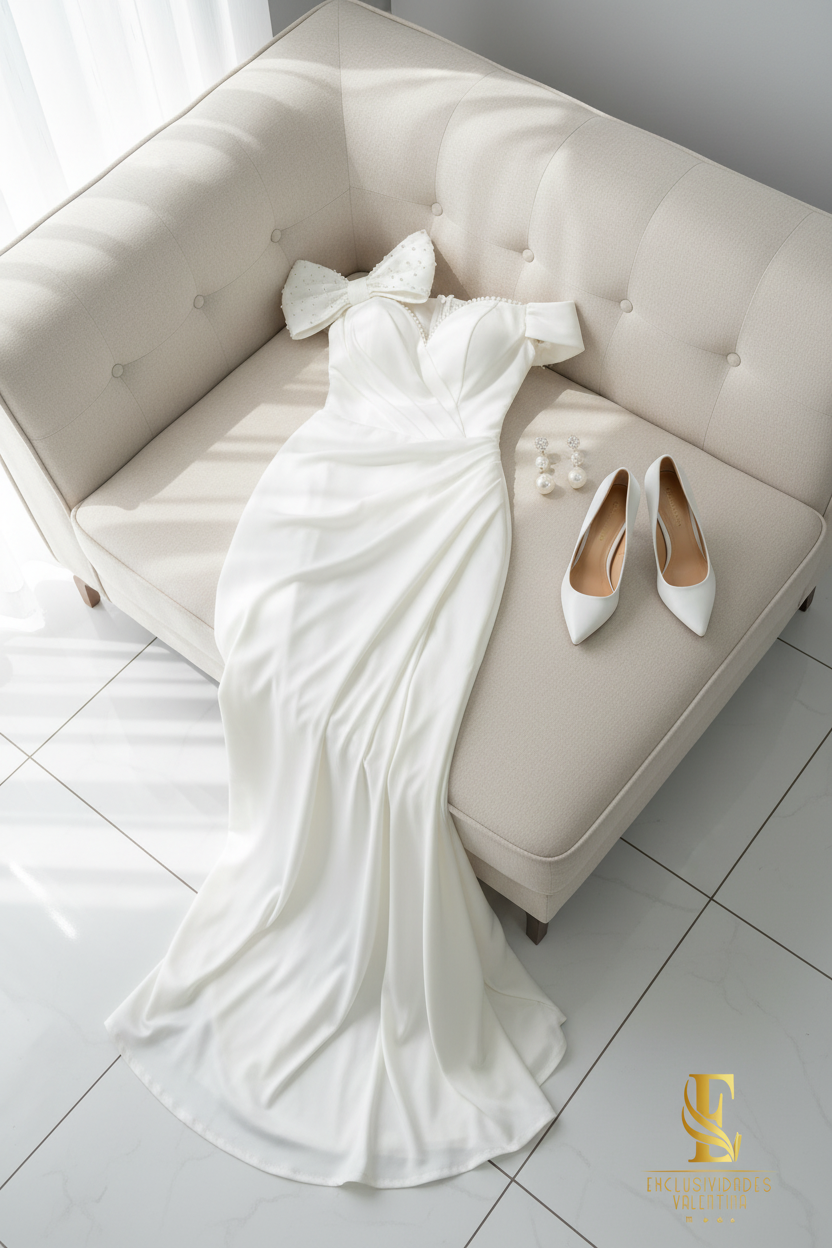 Vestido Blanco Off-Shoulder con Moño y Perlas cod.V274