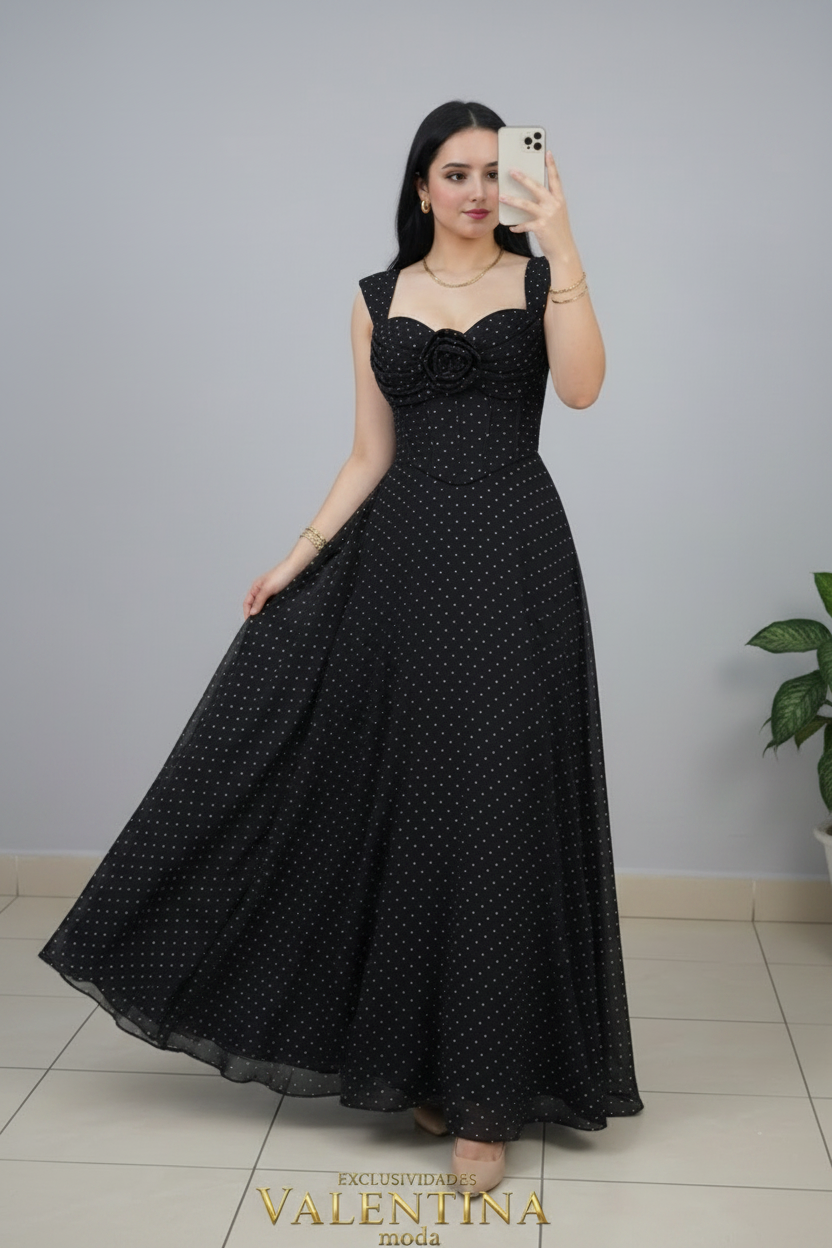 Vestido Maxi Negro con Puntos Dorados y Rosa D3 cod.V855