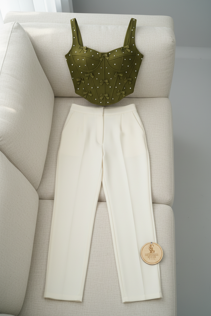 Conjunto Corset Verde Oliva con Lazos y Perlas y Pantalón Recto Crema cod.739