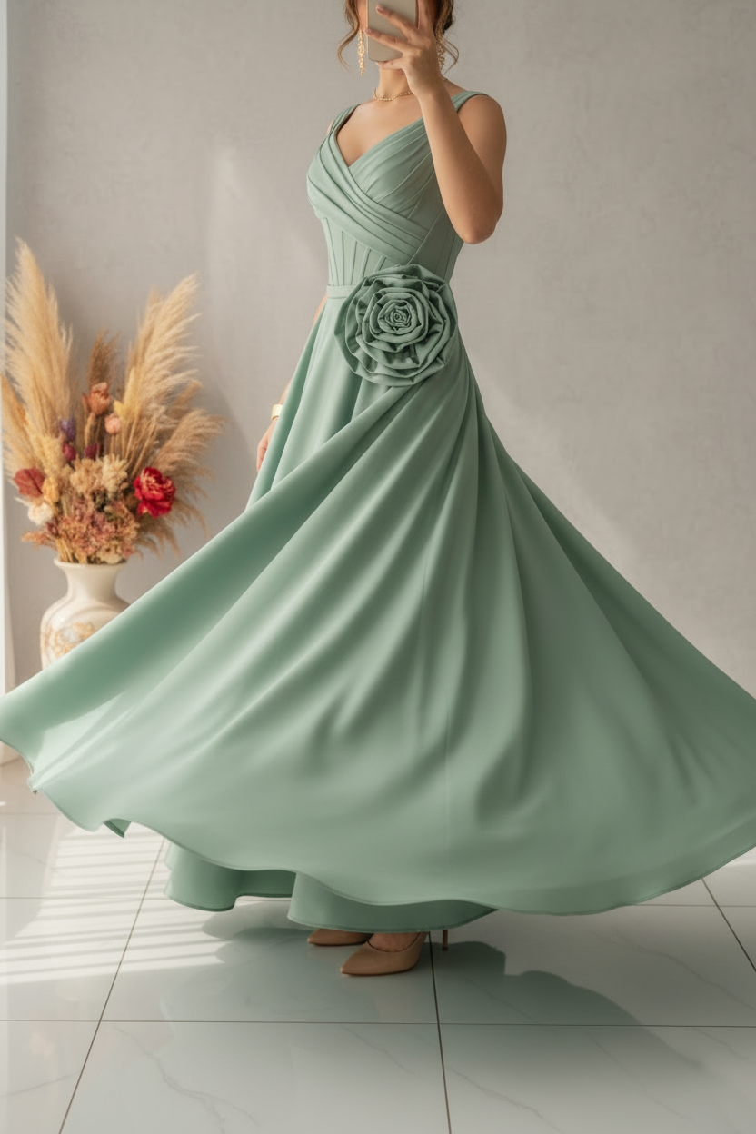 Vestido Verde Sage Gala Escote V Plisado Rosa 3D Falda A-line cod.V588