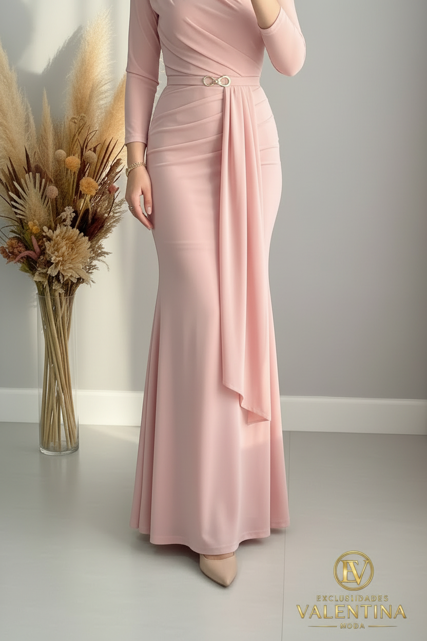 Vestido Sirena Rosa Blush Manga Larga Drapeado Asimétrico cod.V406