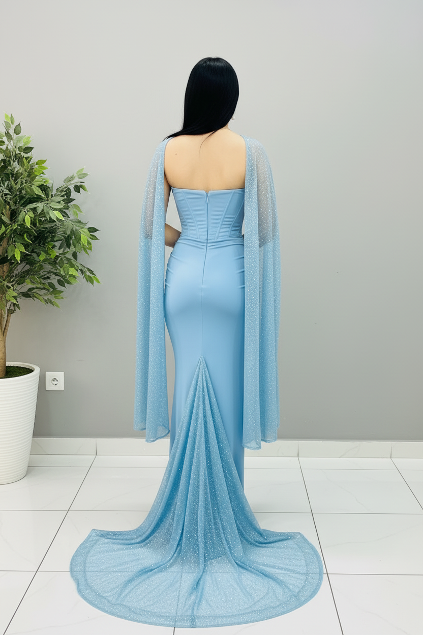 Vestido Azul Cielo Corset con Capa Tul Brillante cod.646