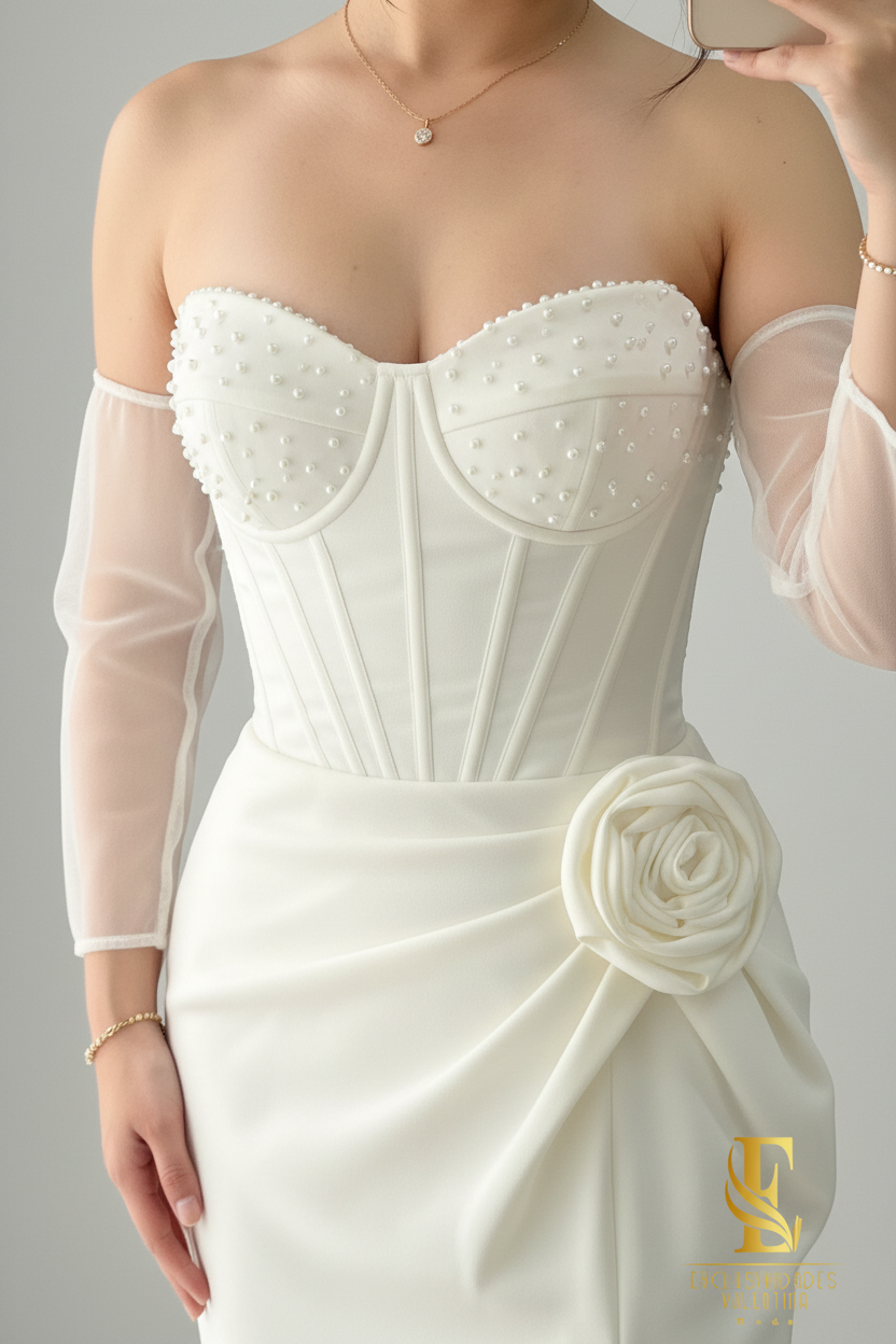 Vestido Blanco Off-Shoulder Corset con Rosa 3D y Abertura cod.V287