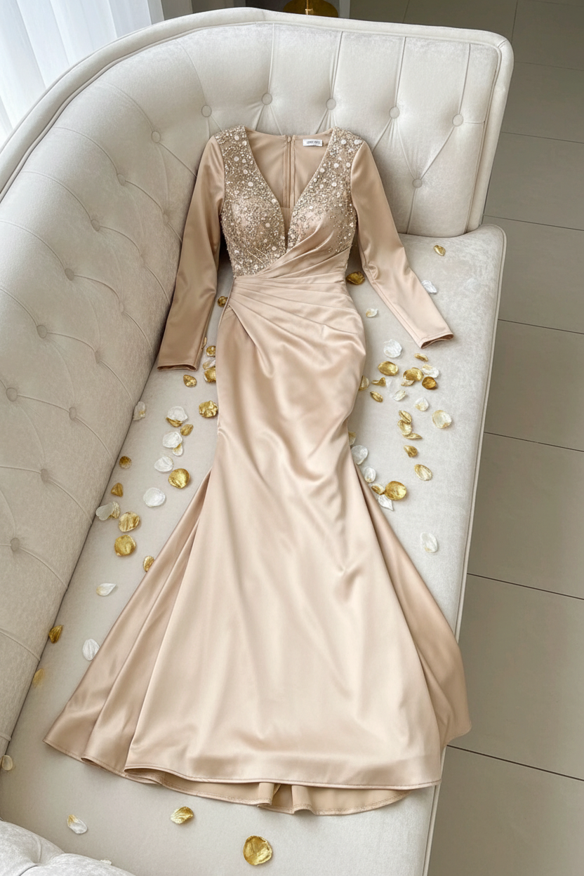 Vestido Dorado Champagne Escote V Cristales cod.V0013