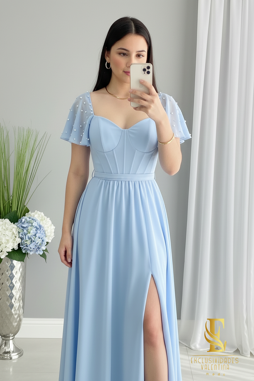 Vestido Azul Cielo | A-Line Sweetheart Corsé con Mangas Mariposa, Perlas y Abertura cod.V521
