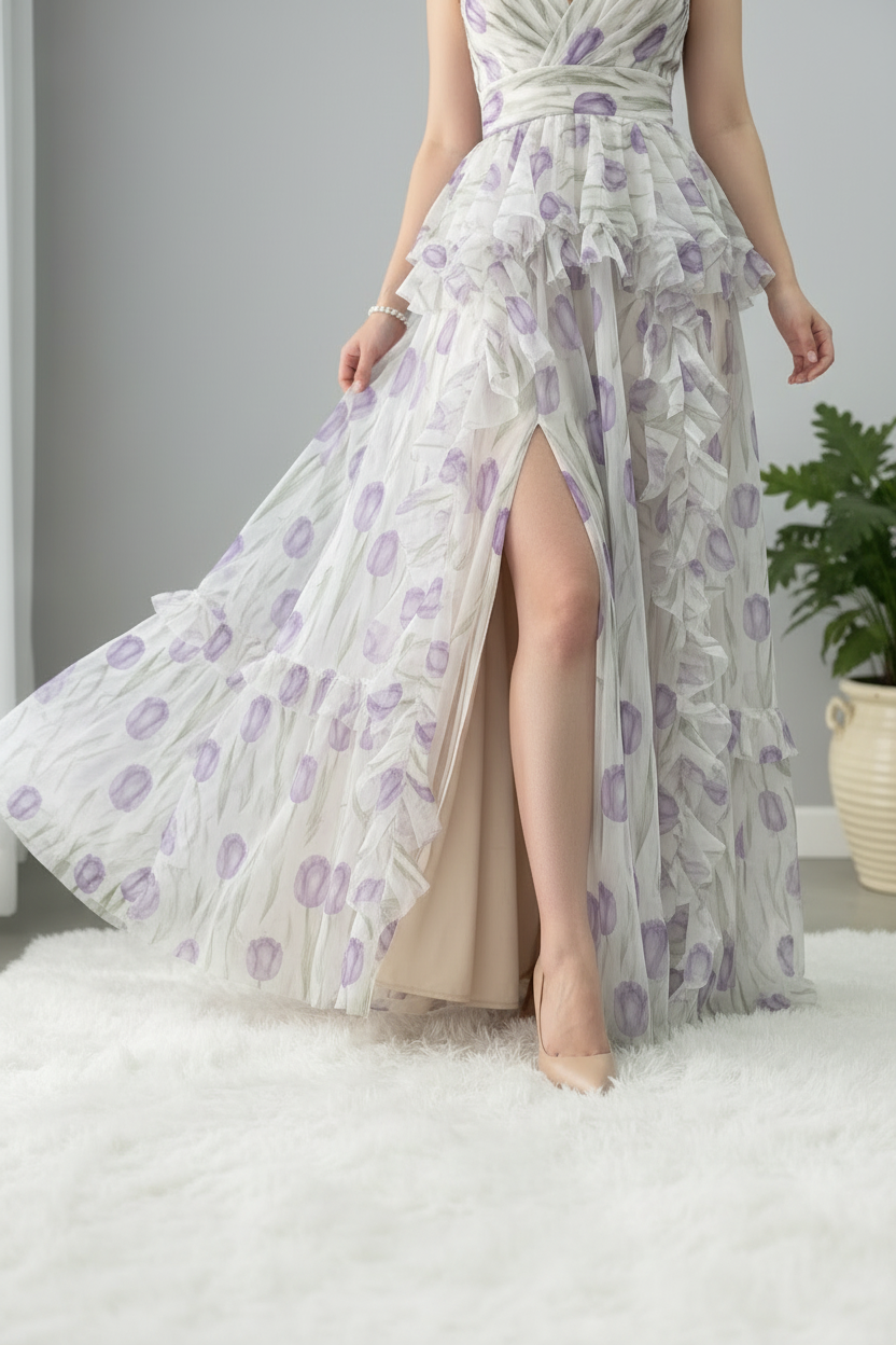 Vestido Tulipanes Lilas — Escote V, Volantes & Abertura cod.869