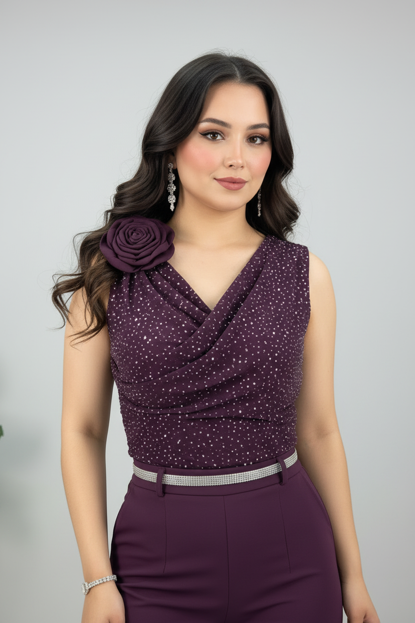 Conjunto Morado Ciruela Top Brillos Rosa 3D y Pantalón Palazzo cod.547