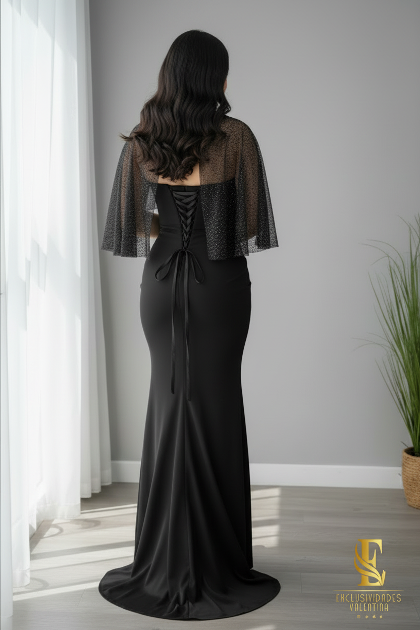 Vestido Negro Sirena con Capa de Tul Brillos y Rosa D cod.V277
