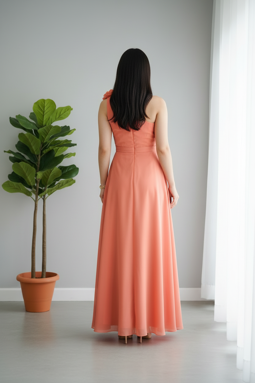 Vestido Coral One-Shoulder Maxi Gasa con Rosa D cod.951