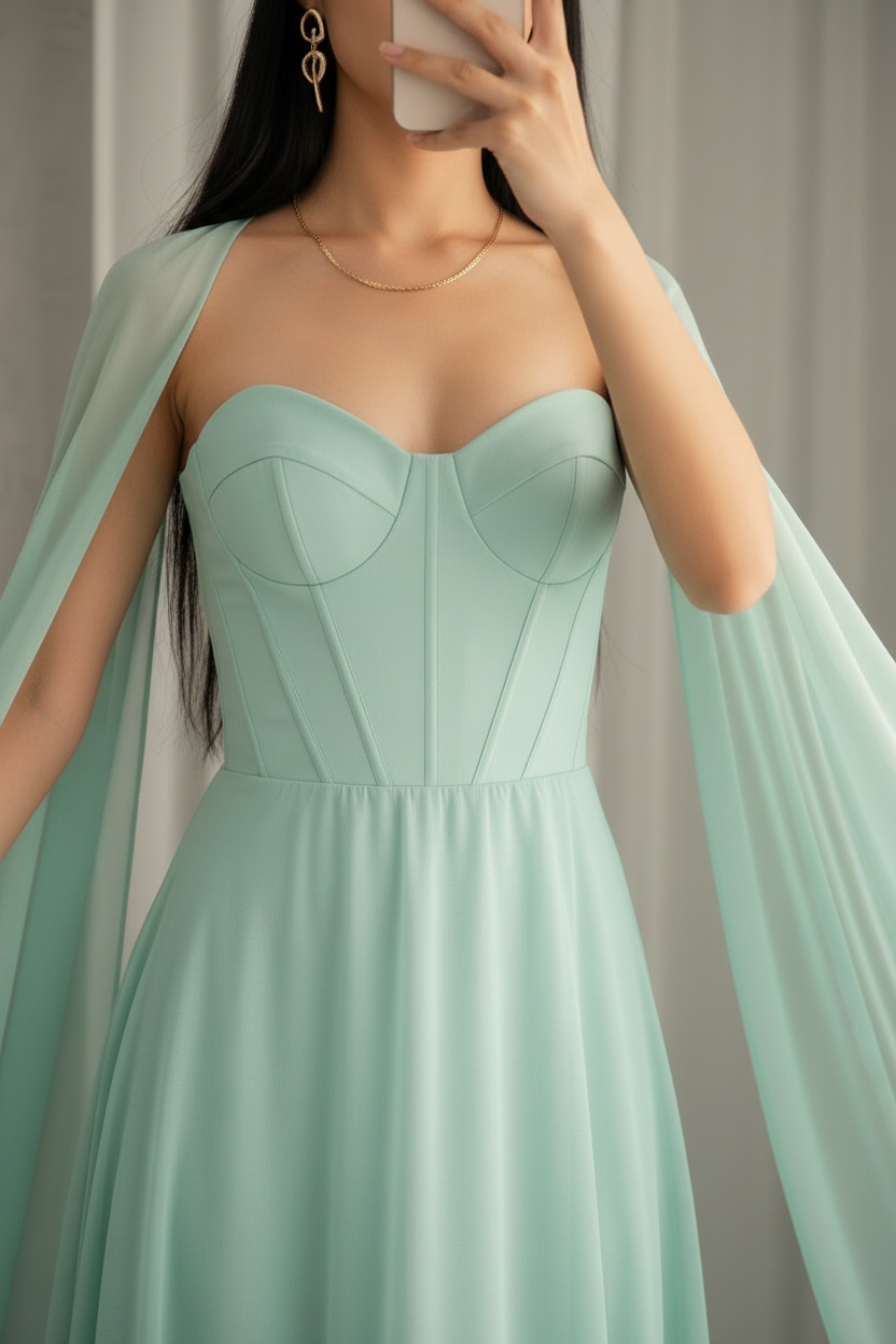 Vestido Verde Menta Gala Corset Flores 3D Mangas Capa cod.V577