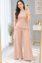 Conjunto Nude melón Top Sin Mangas Peplum Perlas Capa + Palazzo cod.CJ002