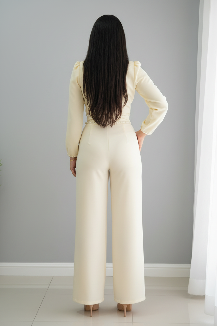 Conjunto Dos Piezas Crema Marfil B. Cruzada con Perlas y P. Palazzo cod.C606