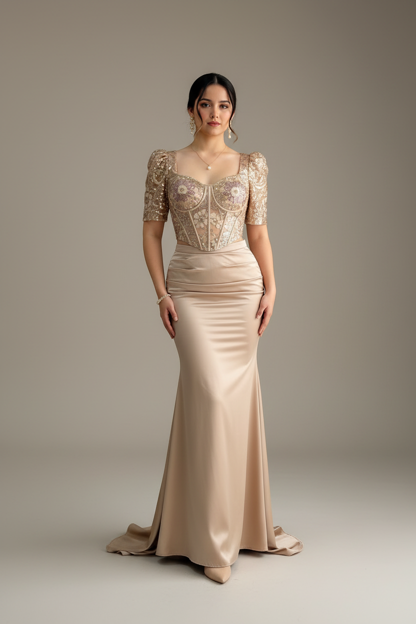 Vestido Sirena Dorado Champagne — Corset Lentejuelas, Bordado Floral & Cola cod.882
