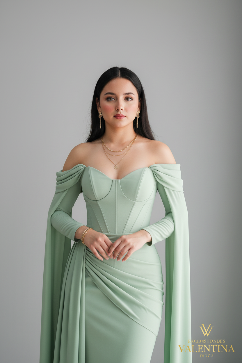 Vestido Verde Menta Off-Shoulder Corset con Mangas Largas Fluidas cod.V533