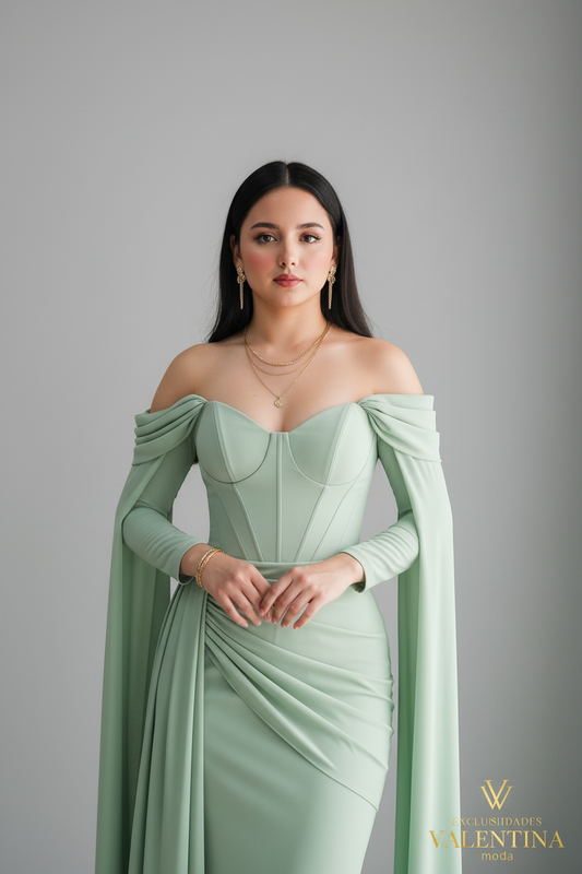 Vestido Verde Menta Off-Shoulder Corset con Mangas Largas Fluidas cod.V533