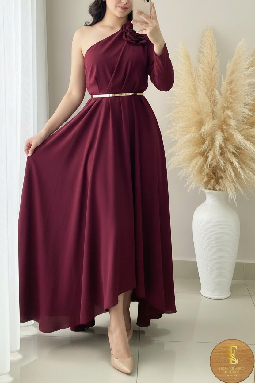 Vestido Vino Un Hombro Rosa 3D Cinturón Dorado cod.0091
