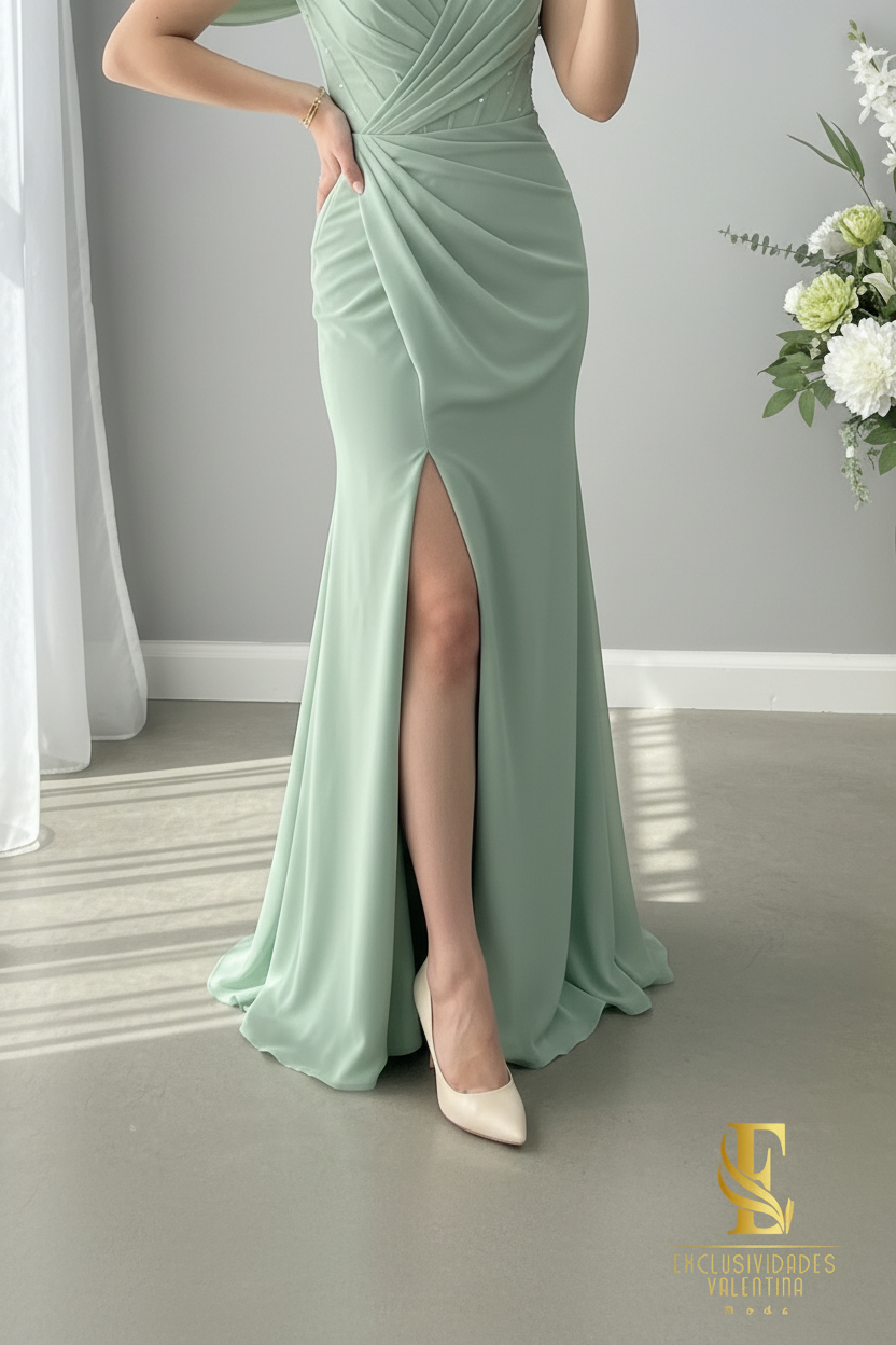 Vestido Sirena Verde Sage | V-Neck con Tirantes de Pedrería, Manga Drapeada y Abertura cod.V517