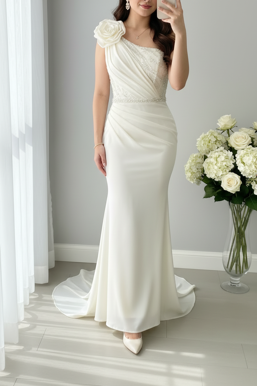 Vestido nupcial ivory hombro único sirena C.1927