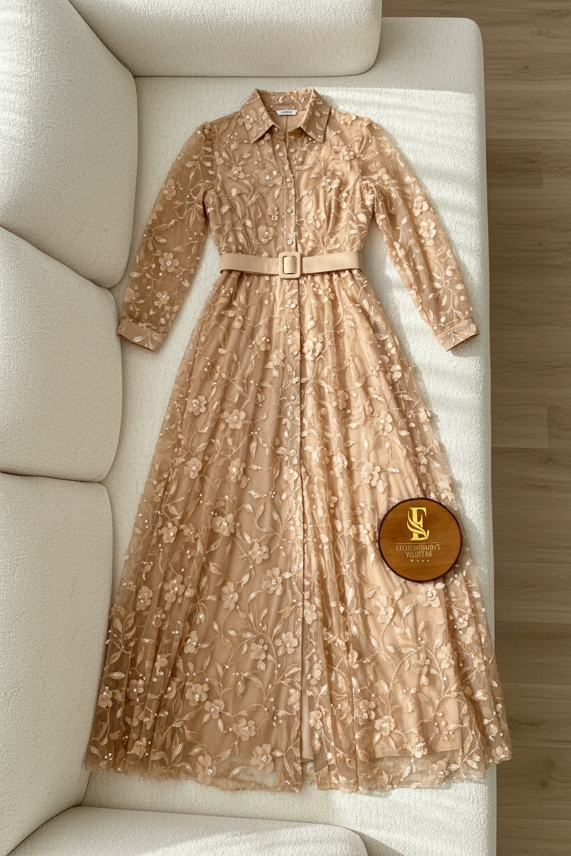 Vestido Camel Dorado Floral Bordado Tul Manga Larga Cuello Camisero A-Line cod.824