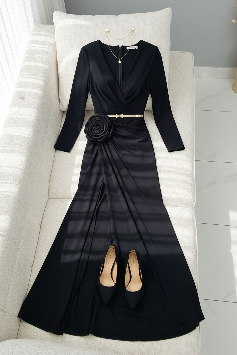 Vestido Negro Rosa 3D Dorado cod.V307