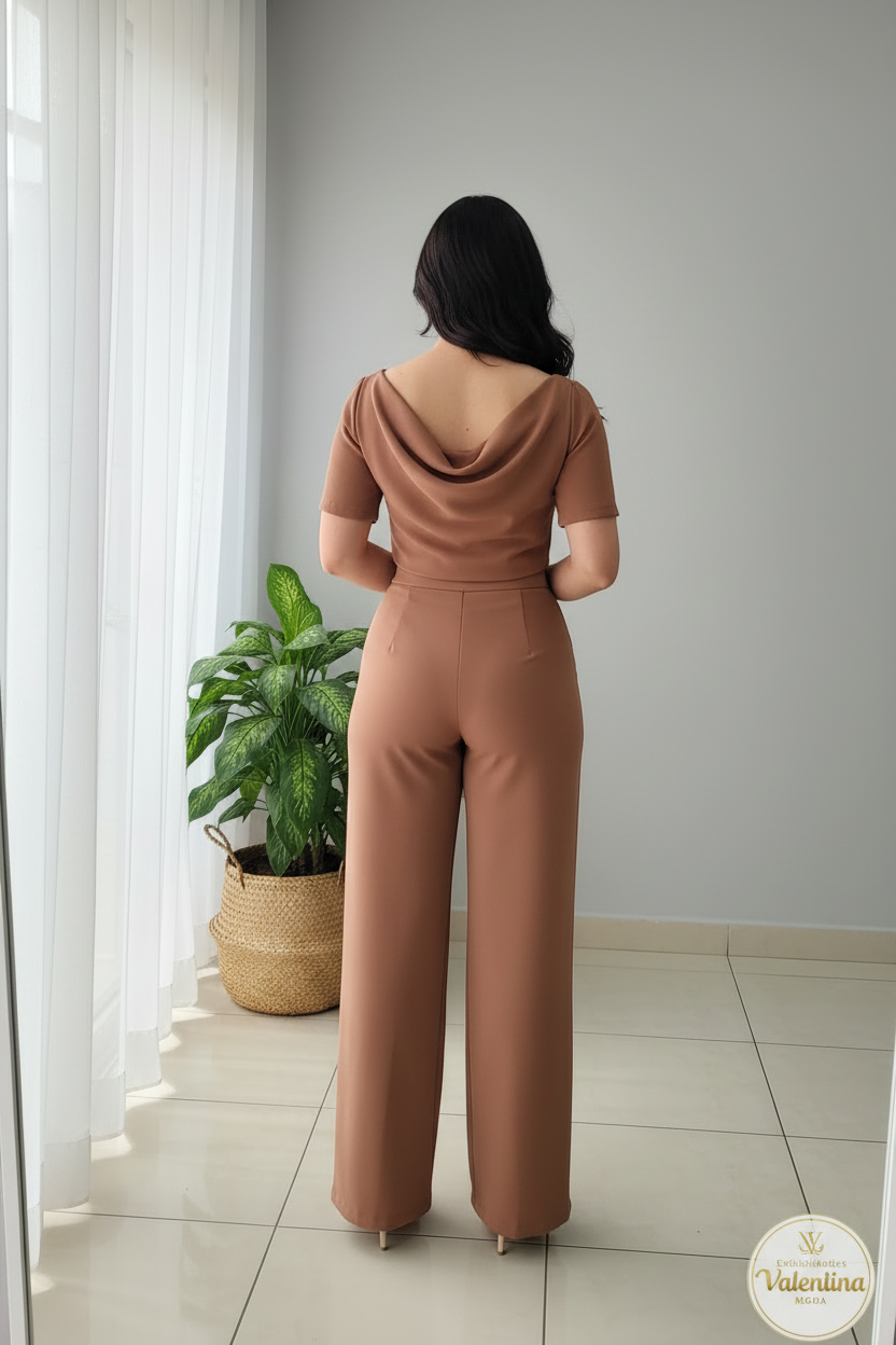 Conjunto 2 Piezas Nude Camel Top Cowl Drapeado y Palazzo cod.00140
