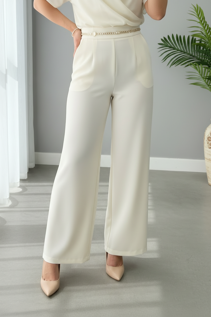 Conjunto Dos Piezas Blanco Total Top Wrap Flor 3D Cinturon Perlas Pantalon Palazzo Wide Leg cod.844
