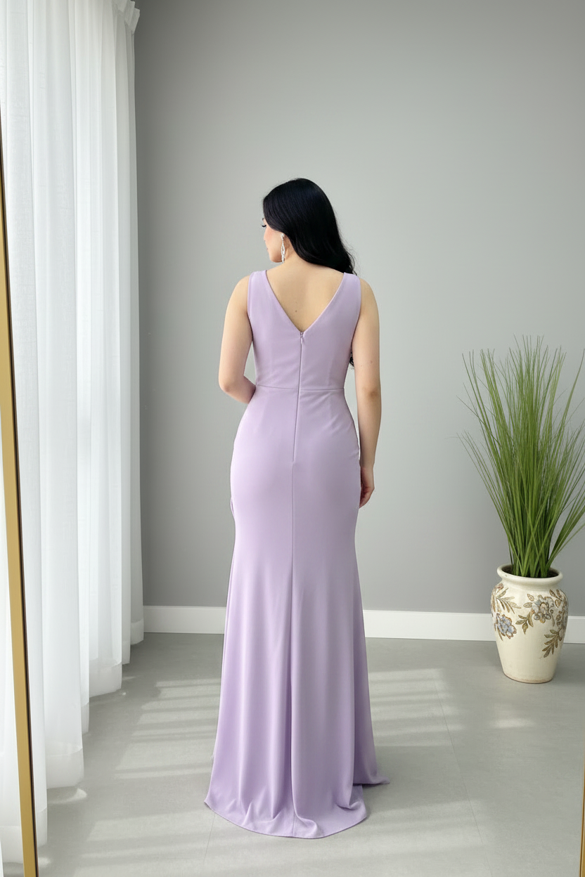 Vestido Lila Lavanda Sirena con Rosa 3D y Abertura cod.963