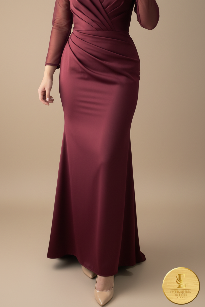 Vestido Vino Burdeos Manga Encaje Sirena Espalda Descubierta cod.00104