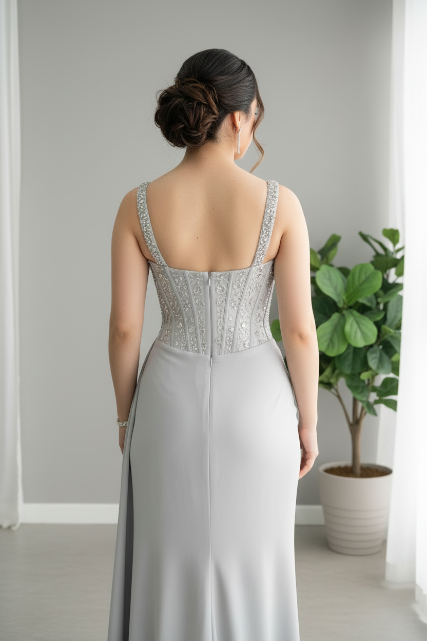 Vestido Gris Plateado Corset Bordado