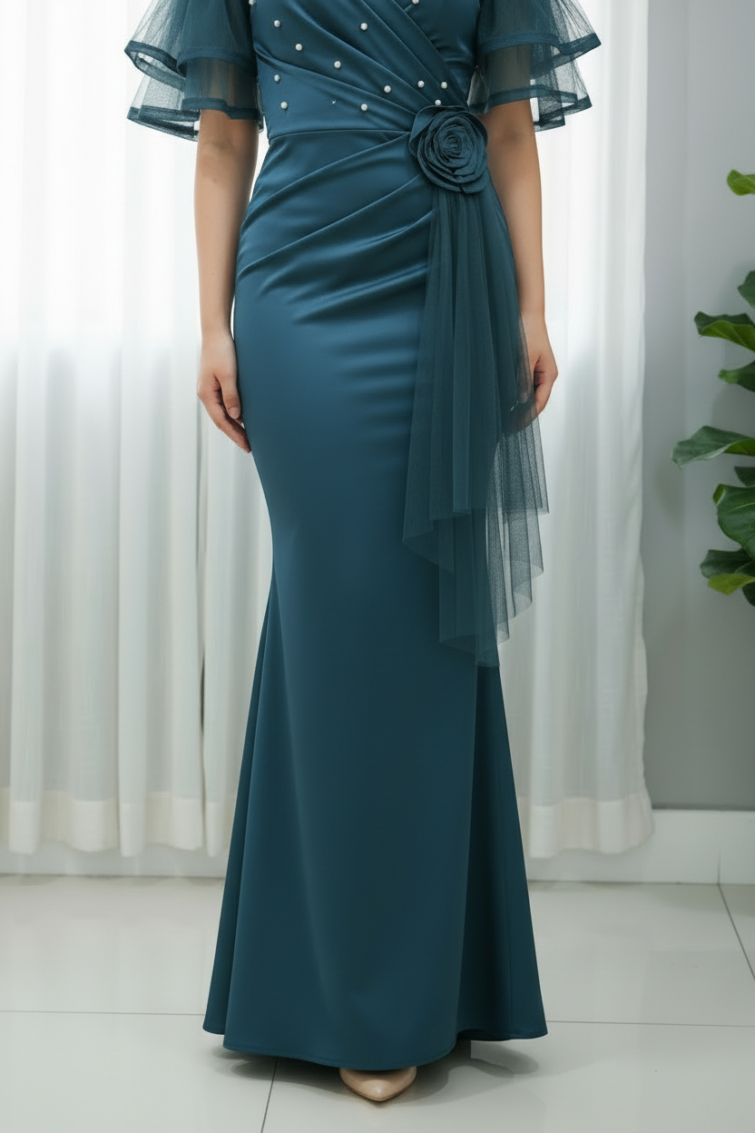 Vestido Verde Petróleo Off-Shoulder Mangas Tul Dobles Perlas Rosa 3D Cola Tul y Falda Sirena cod.779