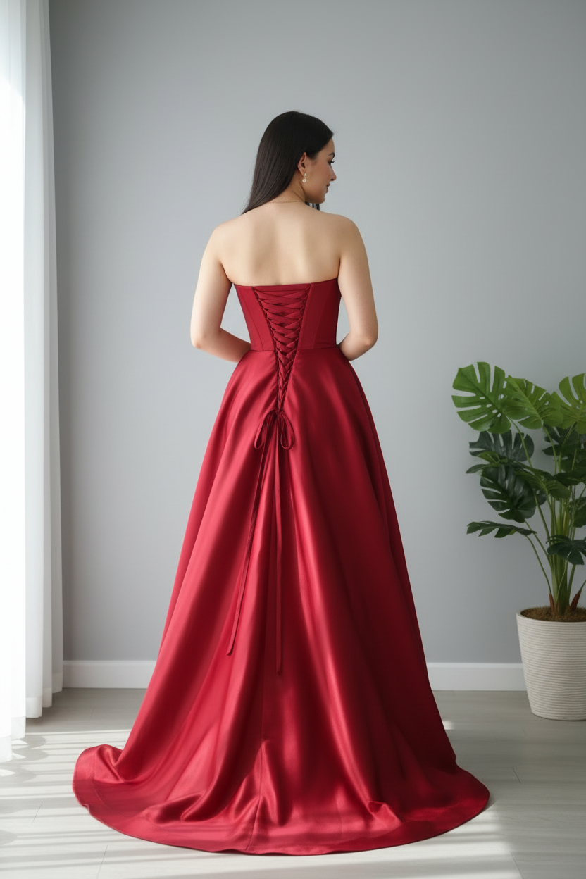 Vestido Rojo Vino Off-Shoulder Corsé con Rosa 3D y Falda Ball Gown cod.980