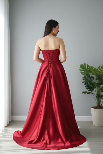 Vestido Rojo Vino Off-Shoulder Corsé con Rosa 3D y Falda Ball Gown cod.980