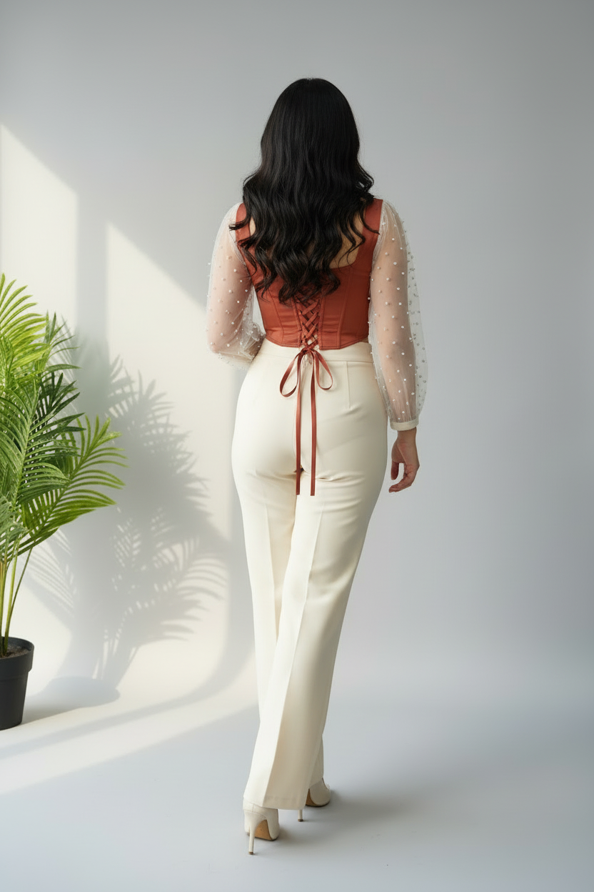 Conjunto Terracota Corset con Mangas Tul de Perlas y Pantalón Crema cod.655