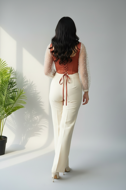 Conjunto Terracota Corset con Mangas Tul de Perlas y Pantalón Crema cod.655