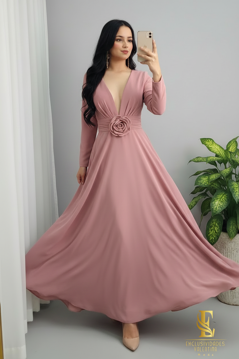 Vestido Rosa Palo Escote V con Rosa en Cintura